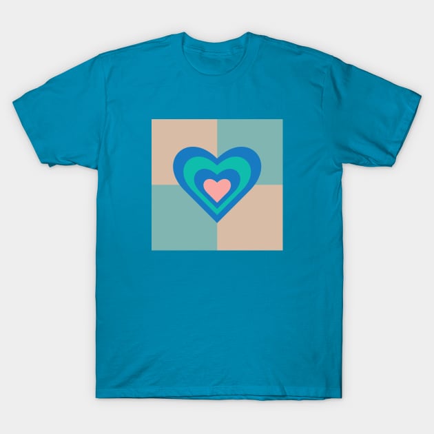 LOVE HEARTS CHECKERBOARD Retro Alt Valentines in Royal Blue Turquoise Pink on Beige Aqua Geometric Grid - UnBlink Studio by Jackie Tahara T-Shirt by UnBlink Studio by Jackie Tahara